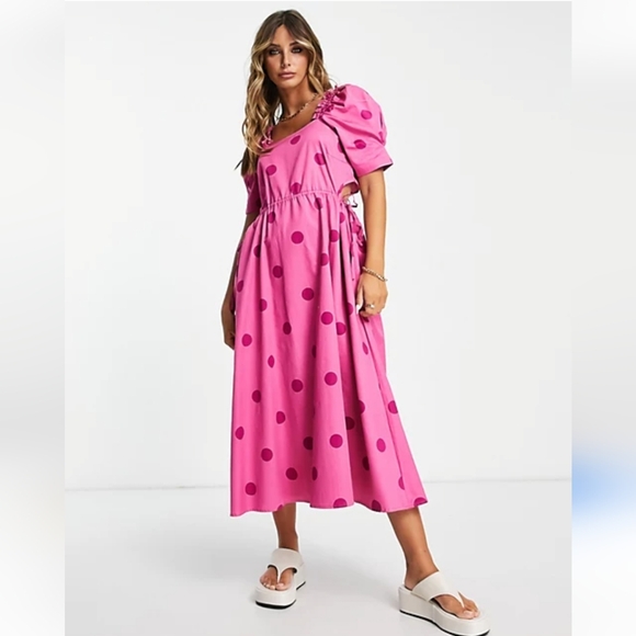 ⭐ Brand new ASOS Y.A.S cut out puff sleeve midi dress in bright pink - Size XS - Picture 2 of 5